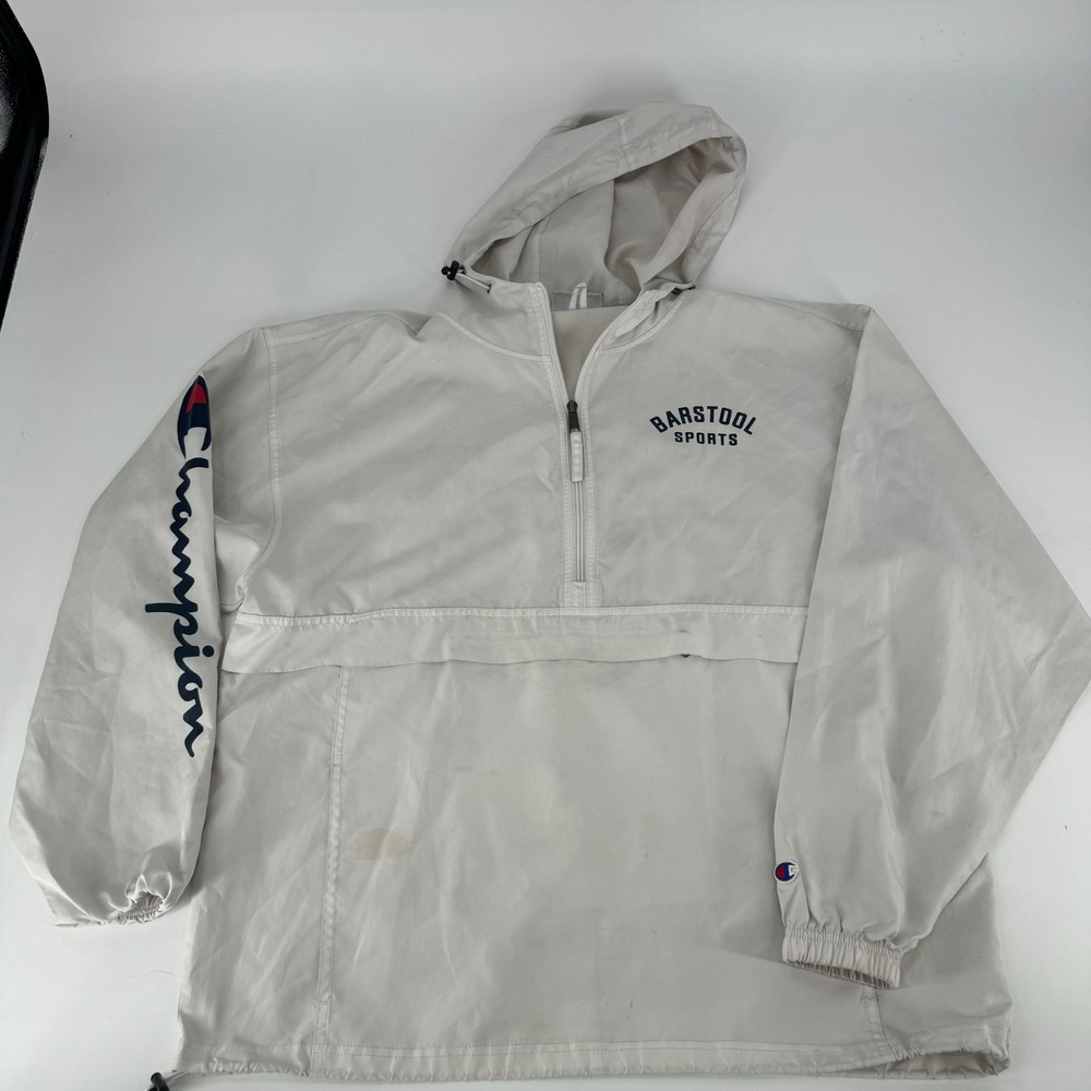 Champion Barstool Sports Anorak Jacket White Windbreaker Hooded Pullover Mens L